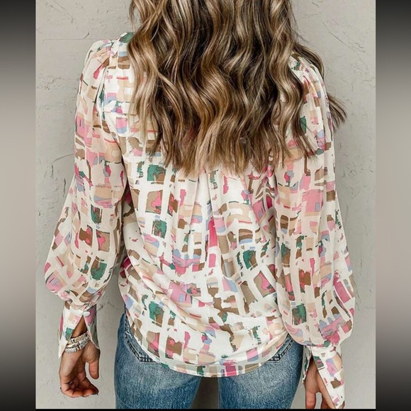 Classic Abstract Geo Print Cuff Sleeve Button Down Shirt Top Blouse - Picture 4 of 7